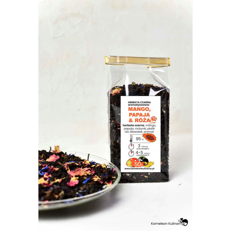 HERBATA CZARNA aromatyzowana MANGO PAPAJA RÓŻA 50g