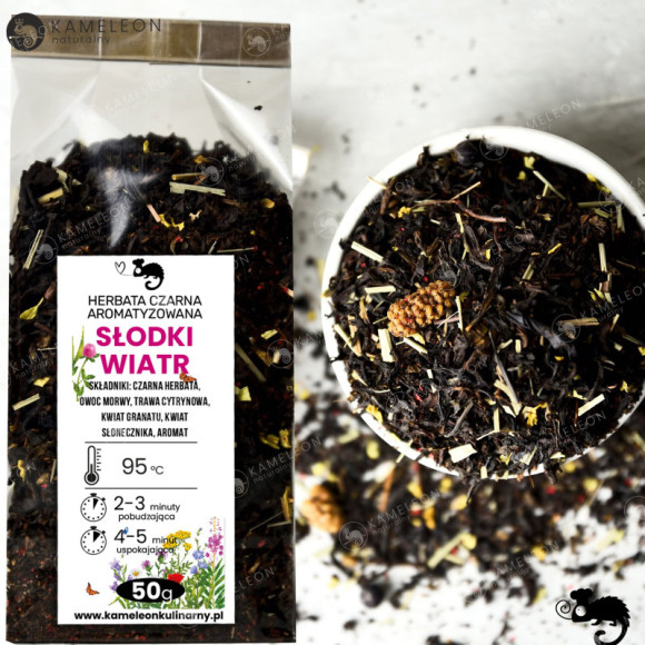 HERBATA CZARNA aromatyzowana SŁODKI WIATR 50g MORWA TRAWA CYTRYNOWA PŁATKI HERBATA CZARNA aromatyzowana SŁODKI WIATR 50g MORWA TRAWA CYTRYNOWA PŁATKI
