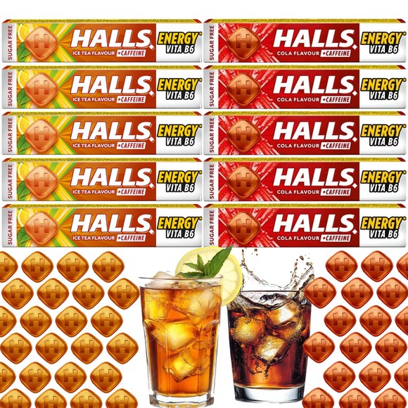 HALLS ENERGY cukierkiz kofeiną BEZ CUKRU mix 2 SMAKÓW x5