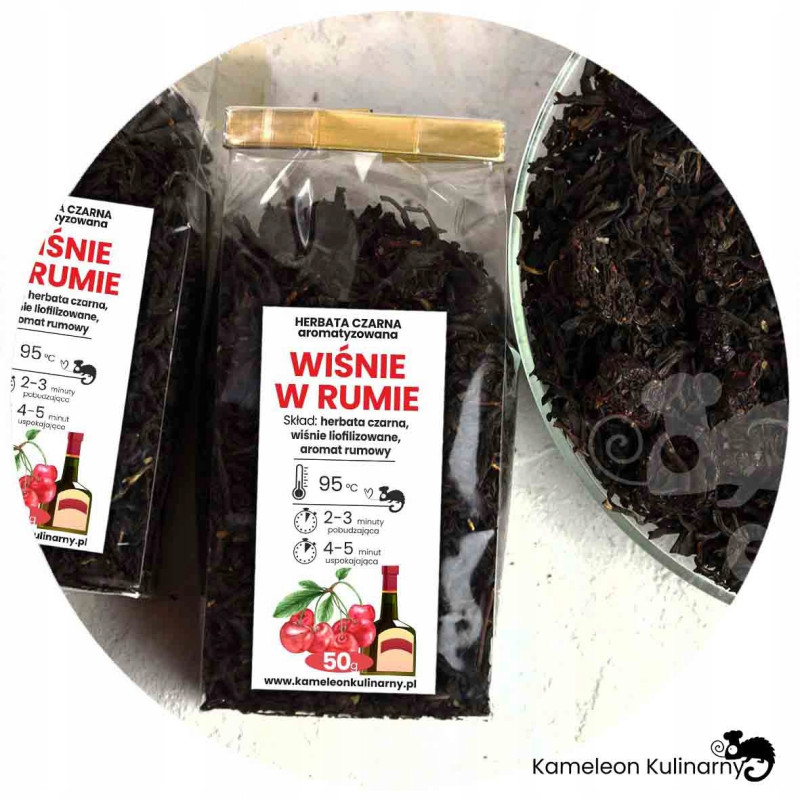 HERBATA CZARNA aromatyzowana WIŚNIE W RUMIE 50g Wyjątkowa PYCHA! KAMELEON