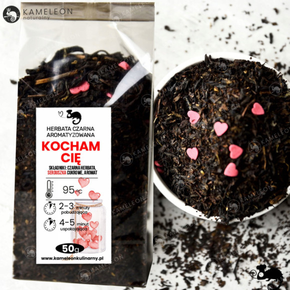 HERBATA CZARNA aromatyzowana Z SERDUSZKAMI CUKROWYMI - KOCHAM CIĘ 50G HERBATA CZARNA aromatyzowana Z SERDUSZKAMI CUKROWYMI - KOCHAM CIĘ 50G