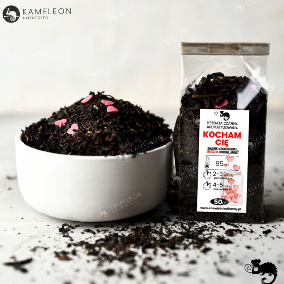HERBATA CZARNA aromatyzowana Z SERDUSZKAMI CUKROWYMI - KOCHAM CIĘ 50G HERBATA CZARNA aromatyzowana Z SERDUSZKAMI CUKROWYMI - KOCHAM CIĘ 50G