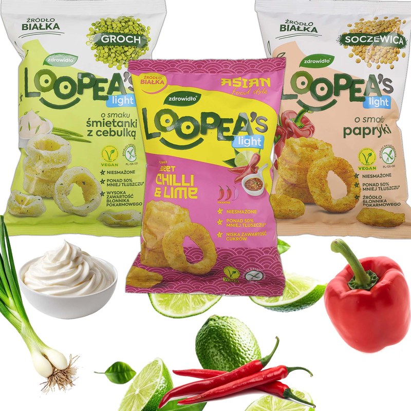 Loopea's CHRUPKI Z SOCZEWICY GROCHU MIX 3 SMAKÓW bez