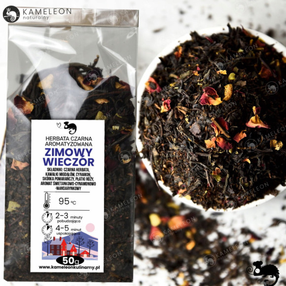 HERBATA CZARNA aromatyzowana ZIMOWY WIECZÓR migdał pomarańcza róża 50G HERBATA CZARNA aromatyzowana ZIMOWY WIECZÓR migdał pomarańcza róża 50G