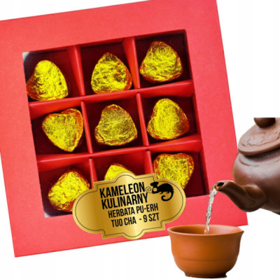 BOMBONIERKA HERBATA czerwona PU-ERH PUERH TUO CHA ZŁOTE SERCA 9szt PREZENT