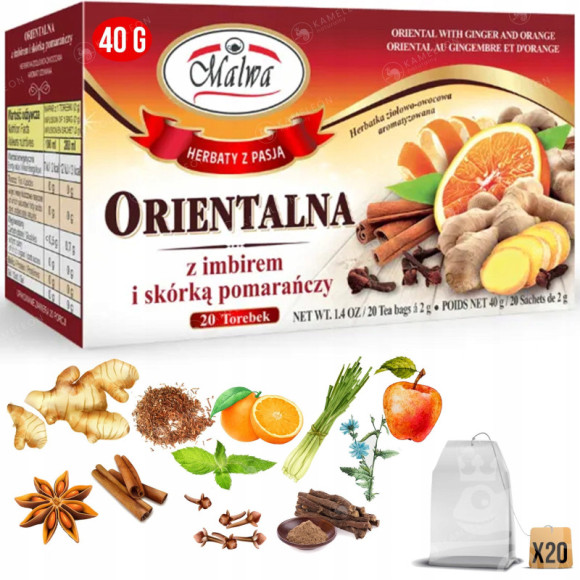 Malwa HERBATA ORIENTALNA imbir + skórka pomarańczy Malwa HERBATA ORIENTALNA imbir + skórka pomarańczy