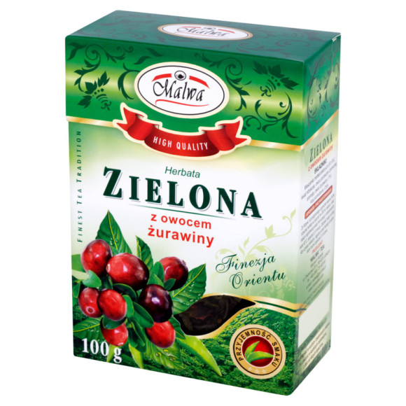 MALWA HERBATA ZIELONA PREMIUM SMAKOWA AROMATYZOWANA ŻURAWINA 100g 0,1KG MALWA HERBATA ZIELONA PREMIUM SMAKOWA AROMATYZOWANA ŻURAWINA 100g 0,1KG