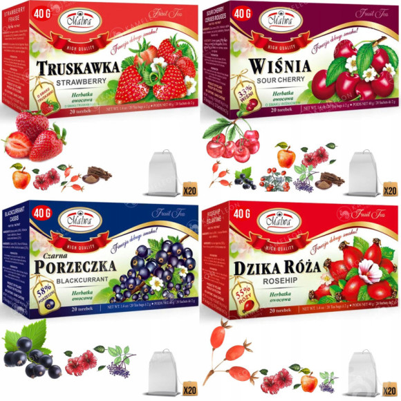 4x Malwa HERBATA OWOCOWA zestaw TRUSKAWKA WIŚNIA DZIKA RÓŻA PORZECZKA 160G 4x Malwa HERBATA OWOCOWA zestaw TRUSKAWKA WIŚNIA DZIKA RÓŻA PORZECZKA 160G