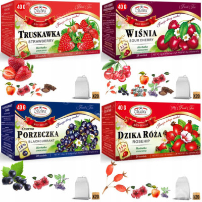4x Malwa HERBATA OWOCOWA zestaw TRUSKAWKA WIŚNIA DZIKA RÓŻA PORZECZKA 160G