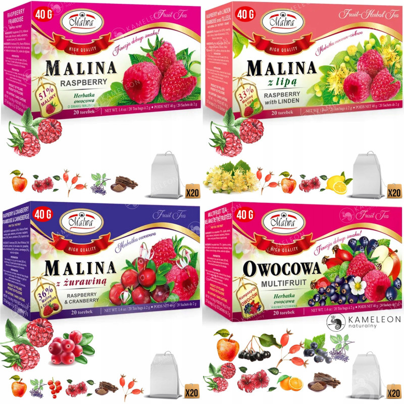 MALWA 19x HERBATA OWOCOWA saszetki MIX SMAKÓW x380