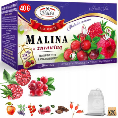 Malwa HERBATA OWOCOWA MALINOWA Z ŻURAWINĄ MALINA + ŻURAWINA 20 saszetek 40G