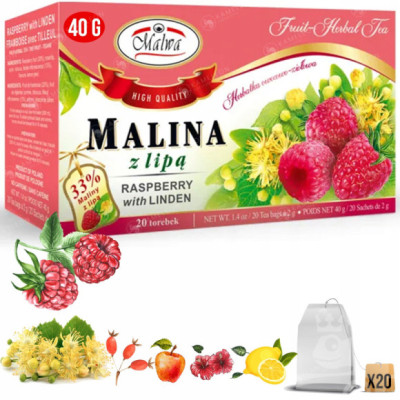Malwa HERBATA OWOCOWA-ZIOŁOWA MALINOWA Z LIPĄ MALINA + LIPA 20saszetek 40G