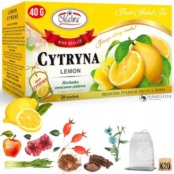 Malwa HERBATA OWOCOWO-ZIOŁOWA cytrynowa CYTRYNA 20 saszetek 40G PYSZNA!! Malwa HERBATA OWOCOWO-ZIOŁOWA cytrynowa CYTRYNA 20 saszetek 40G PYSZNA!!