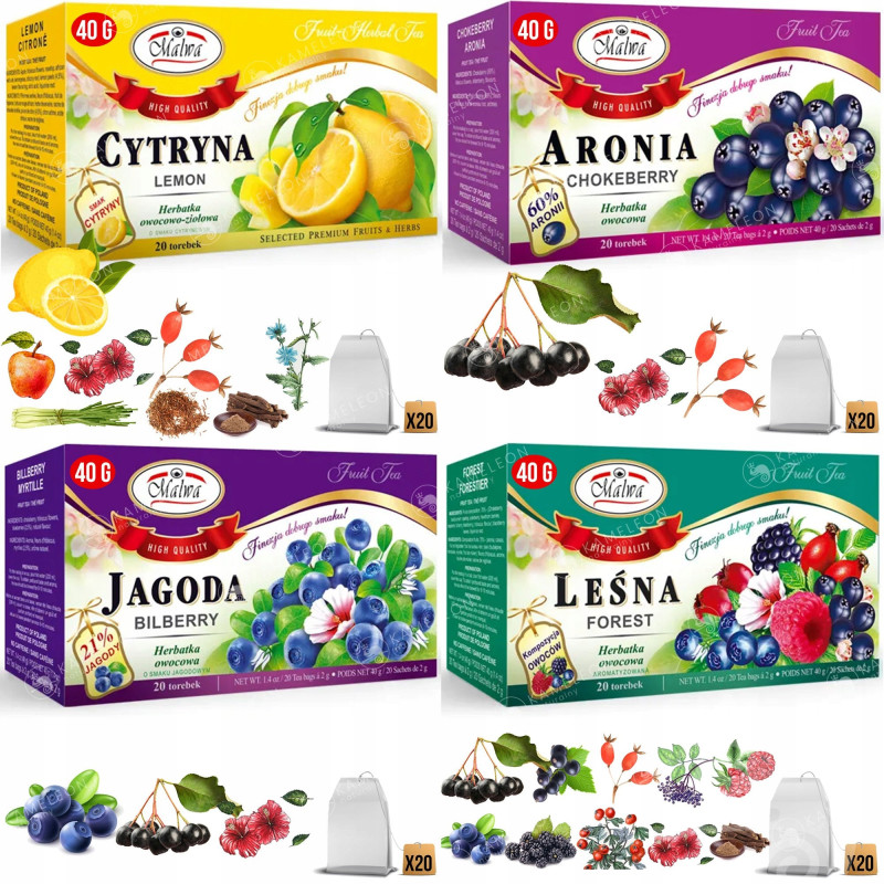 Malwa HERBATA zestaw 4szt LEŚNA JAGODA ARONIA CYTRYNA 80 saszetek 160G