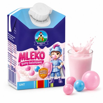 Łowicz MLEKO O SMAKU GUMY BALONOWEJ UHT kartonik gotowe do