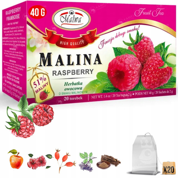 Malwa Herbatka HERBATA OWOCOWA MALINA MALINOWA 51% maliny 20 saszetek 40G Malwa Herbatka HERBATA OWOCOWA MALINA MALINOWA 51% maliny 20 saszetek 40G