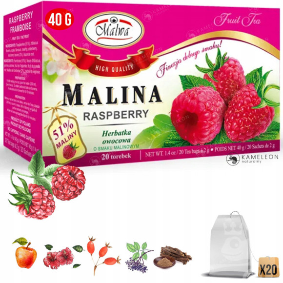 Malwa Herbatka HERBATA OWOCOWA MALINA MALINOWA 51% maliny 20 saszetek 40G Malwa Herbatka HERBATA OWOCOWA MALINA MALINOWA 51% maliny 20 saszetek 40G