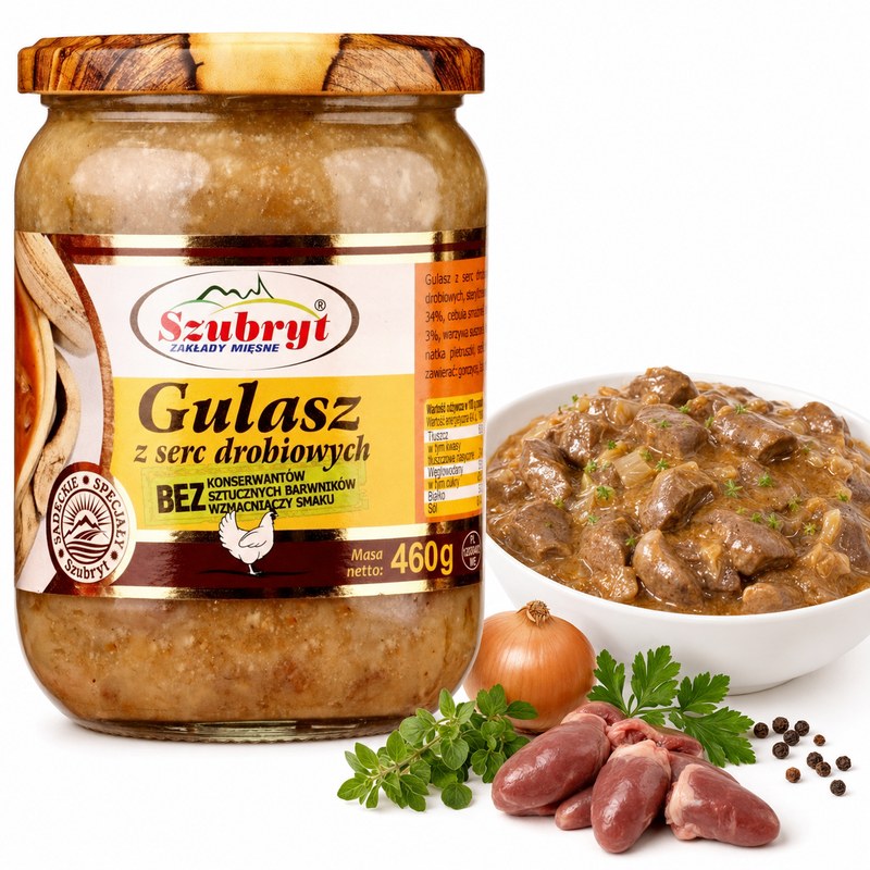 Szubryt GULASZ Z SERC DROBIOWYCH Z CEBULĄ danie gotowe 460g