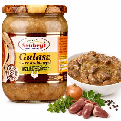 Szubryt GULASZ Z SERC DROBIOWYCH Z CEBULĄ danie gotowe 460g
