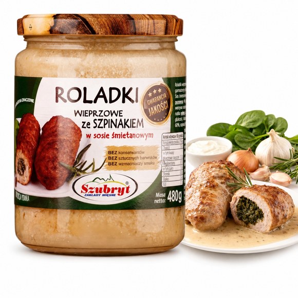 Szubryt ROLADKI WIEPRZOWE ZE SZPINAKIEM W SOSIE ŚMIETANOWYM