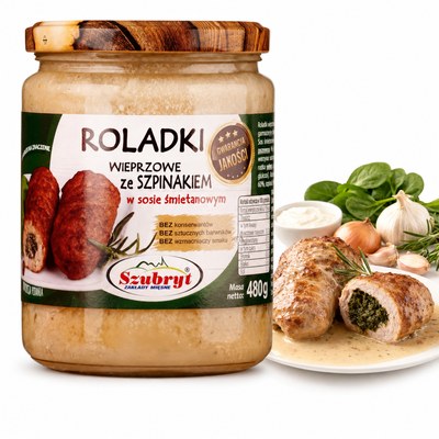 Szubryt ROLADKI WIEPRZOWE ZE SZPINAKIEM W SOSIE ŚMIETANOWYM