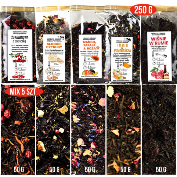 HERBATA CZARNA SMAKOWA aromatyzowana MIX 5x 50g zestaw herbat 250g PYCHA! HERBATA CZARNA SMAKOWA aromatyzowana MIX 5x 50g zestaw herbat 250g PYCHA!