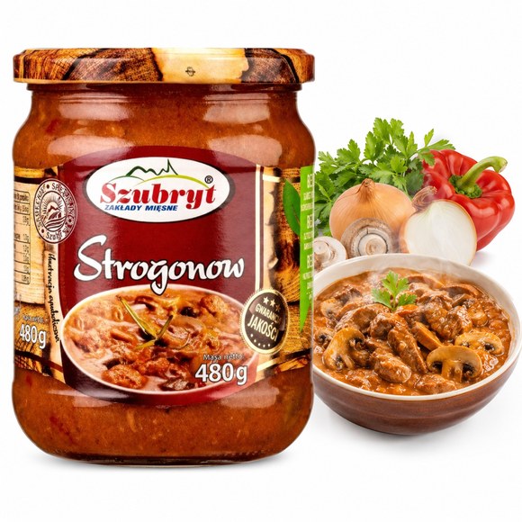 Szubryt STROGONOW WIEPRZOWY Z PIECZARKAMI I WARZYWAMI danie