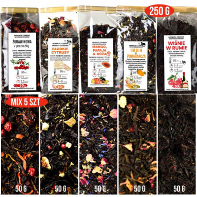 HERBATA CZARNA SMAKOWA aromatyzowana MIX 5x 50g zestaw herbat 250g PYCHA!