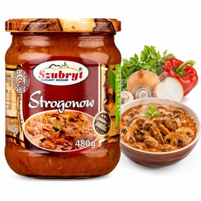 Szubryt STROGONOW WIEPRZOWY Z PIECZARKAMI I WARZYWAMI danie