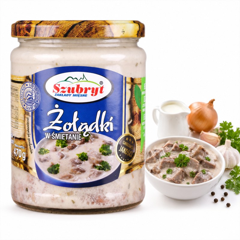 Szubryt ŻOŁĄDKI DROBIOWE W KREMOWYM SOSIE ŚMIETANOWYM w