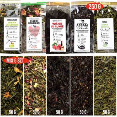 HERBATA CZARNA ZIELONA naturalna smakowa MIX 5x 50g 250g 0,25G ZESTAW MIX
