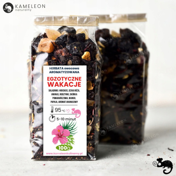HERBATA OWOCOWA aromatyzowana EGZOTYCZE WAKACJE ananas mango papaja 100g HERBATA OWOCOWA aromatyzowana EGZOTYCZE WAKACJE ananas mango papaja 100g