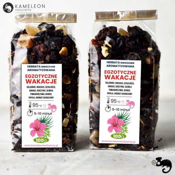 HERBATA OWOCOWA aromatyzowana EGZOTYCZE WAKACJE ananas mango papaja 100g HERBATA OWOCOWA aromatyzowana EGZOTYCZE WAKACJE ananas mango papaja 100g
