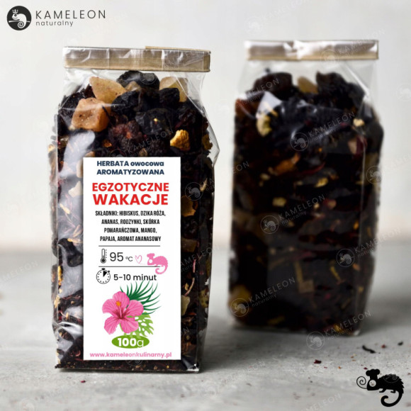 HERBATA OWOCOWA aromatyzowana EGZOTYCZE WAKACJE ananas mango papaja 100g HERBATA OWOCOWA aromatyzowana EGZOTYCZE WAKACJE ananas mango papaja 100g