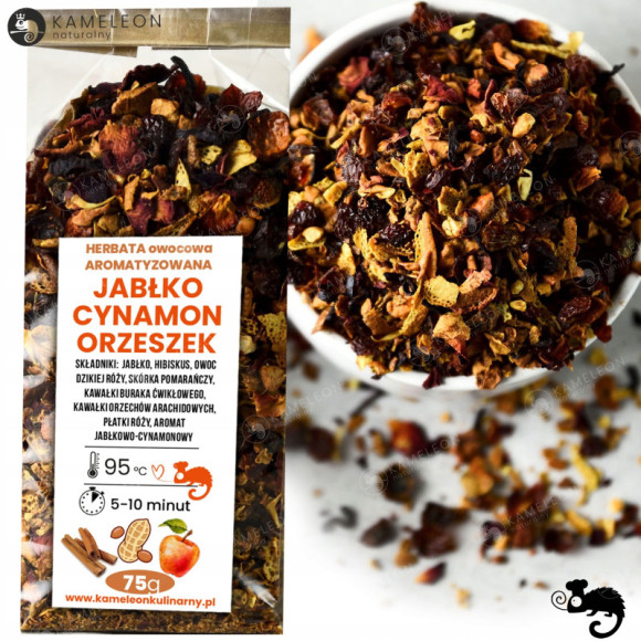 HERBATA OWOCOWA aromatyzowana JABŁKO CYNAMON ORZESZEK ciekawa wyjątkowa 75g HERBATA OWOCOWA aromatyzowana JABŁKO CYNAMON ORZESZEK ciekawa wyjątkowa 75g