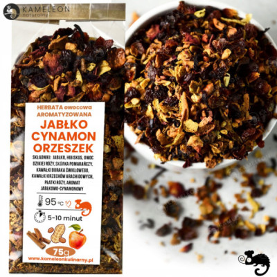 HERBATA OWOCOWA aromatyzowana JABŁKO CYNAMON ORZESZEK ciekawa wyjątkowa 75g