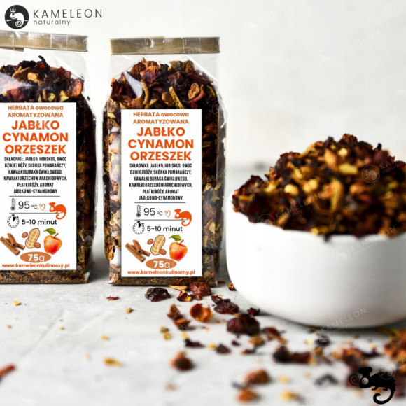 HERBATA OWOCOWA aromatyzowana JABŁKO CYNAMON ORZESZEK ciekawa wyjątkowa 75g HERBATA OWOCOWA aromatyzowana JABŁKO CYNAMON ORZESZEK ciekawa wyjątkowa 75g
