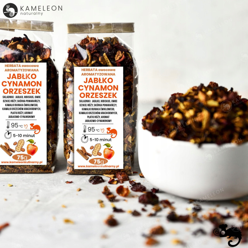 HERBATA OWOCOWA aromatyzowana JABŁKO CYNAMON ORZESZEK ciekawa wyjątkowa 75g