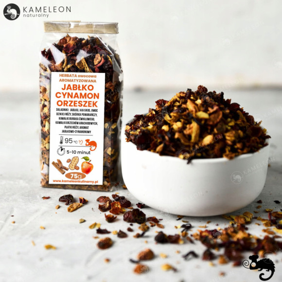 HERBATA OWOCOWA aromatyzowana JABŁKO CYNAMON ORZESZEK ciekawa wyjątkowa 75g HERBATA OWOCOWA aromatyzowana JABŁKO CYNAMON ORZESZEK ciekawa wyjątkowa 75g