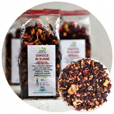 HERBATA OWOCOWA aromatyzowana OWOCE W RUMIE rodzynki hibiskus 50g PYSZNA!