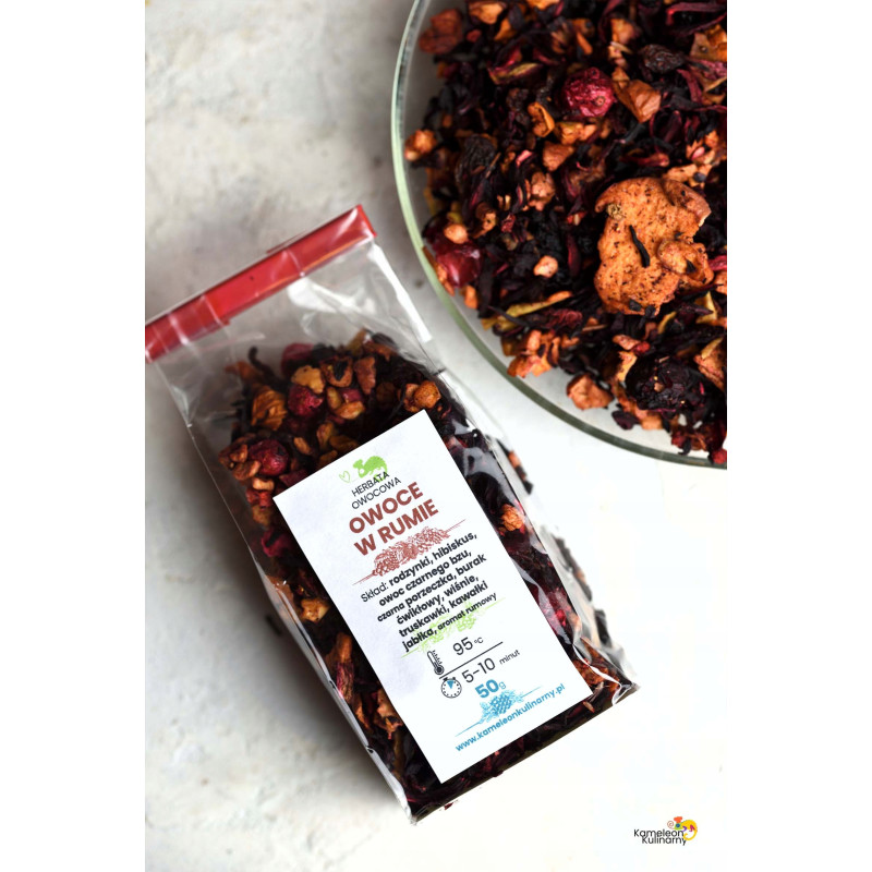 HERBATA OWOCOWA aromatyzowana OWOCE W RUMIE rodzynki hibiskus 50g PYSZNA!