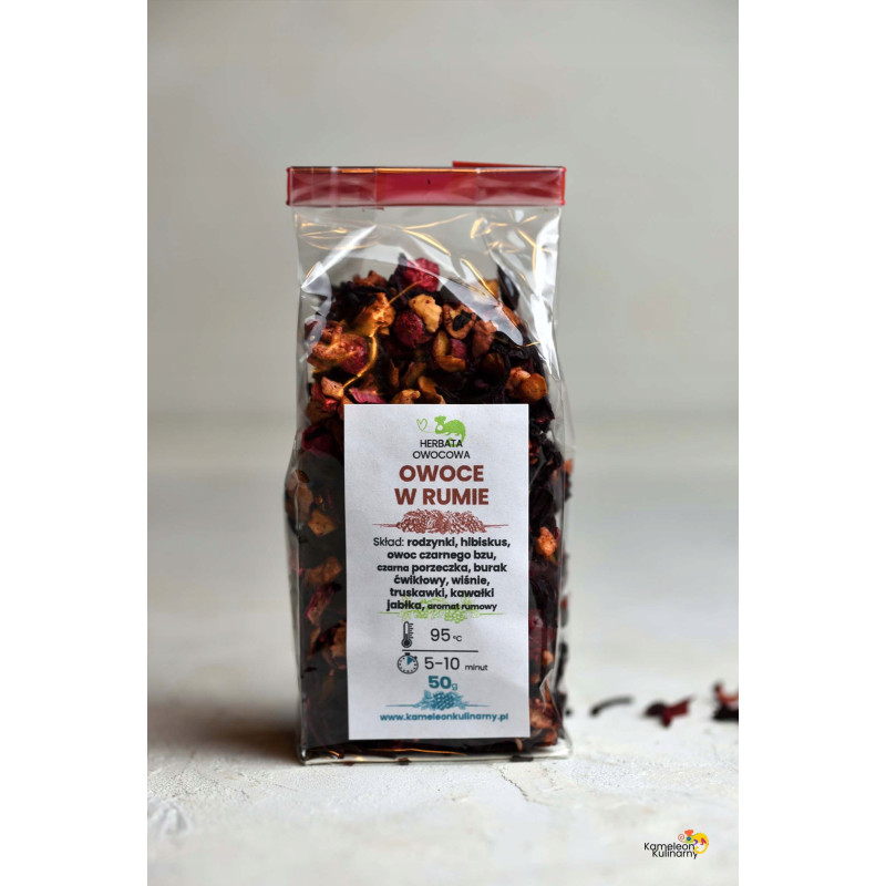 HERBATA OWOCOWA aromatyzowana OWOCE W RUMIE rodzynki hibiskus 50g PYSZNA!