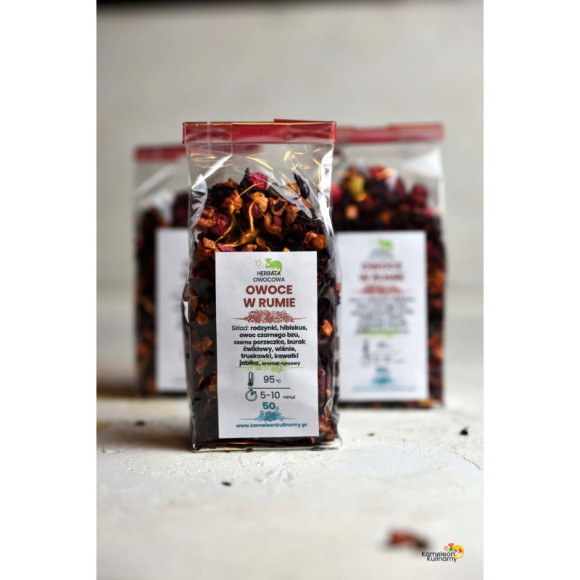 HERBATA OWOCOWA aromatyzowana OWOCE W RUMIE rodzynki hibiskus 50g PYSZNA!