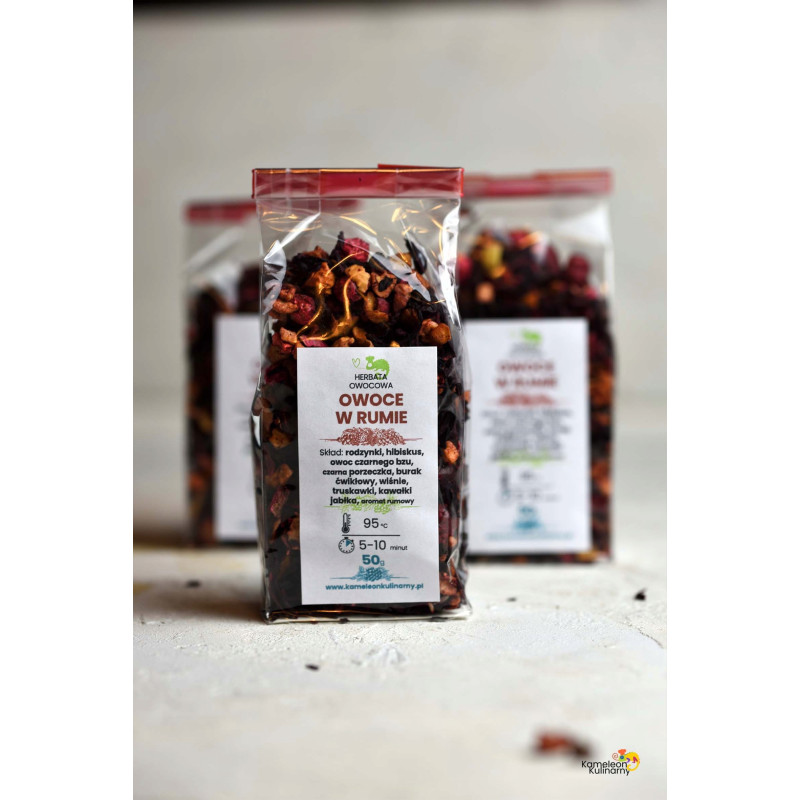 HERBATA OWOCOWA aromatyzowana OWOCE W RUMIE rodzynki hibiskus 50g PYSZNA!