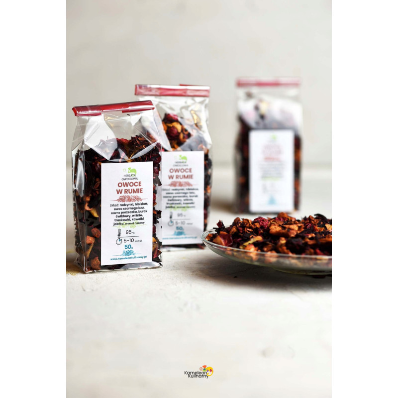 HERBATA OWOCOWA aromatyzowana OWOCE W RUMIE rodzynki hibiskus 50g PYSZNA!