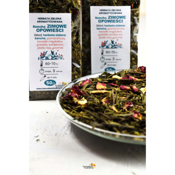 HERBATA ZIELONA aromatyzowana Sencha ZIMOWE OPOWIEŚCI 50g pyszna wyjątkowa HERBATA ZIELONA aromatyzowana Sencha ZIMOWE OPOWIEŚCI 50g pyszna wyjątkowa
