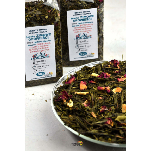 HERBATA ZIELONA aromatyzowana Sencha ZIMOWE OPOWIEŚCI 50g pyszna wyjątkowa HERBATA ZIELONA aromatyzowana Sencha ZIMOWE OPOWIEŚCI 50g pyszna wyjątkowa