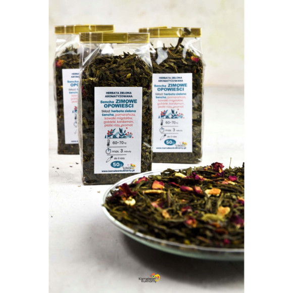 HERBATA ZIELONA aromatyzowana Sencha ZIMOWE OPOWIEŚCI 50g pyszna wyjątkowa HERBATA ZIELONA aromatyzowana Sencha ZIMOWE OPOWIEŚCI 50g pyszna wyjątkowa