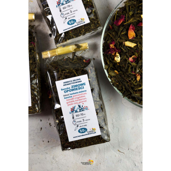 HERBATA ZIELONA aromatyzowana Sencha ZIMOWE OPOWIEŚCI 50g pyszna wyjątkowa HERBATA ZIELONA aromatyzowana Sencha ZIMOWE OPOWIEŚCI 50g pyszna wyjątkowa