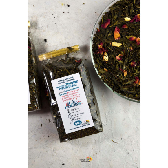 HERBATA ZIELONA aromatyzowana Sencha ZIMOWE OPOWIEŚCI 50g pyszna wyjątkowa HERBATA ZIELONA aromatyzowana Sencha ZIMOWE OPOWIEŚCI 50g pyszna wyjątkowa